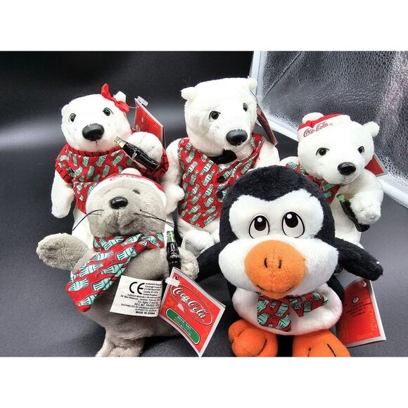Lot Of 5 Vintage Coca Cola Beanie Plush‎ Polar Bear Seal Penguin Drinking Coke - Picture 1 of 14
